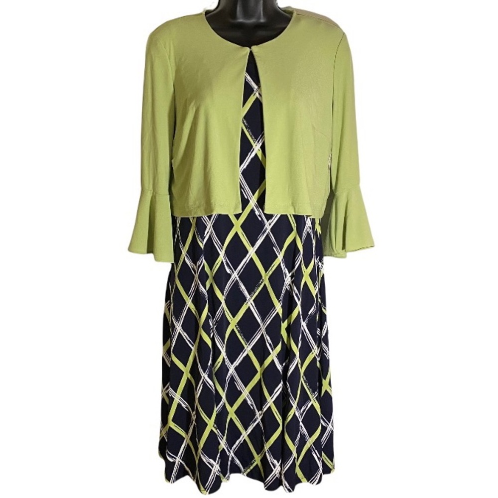 Perceptions Mini Dress Navy Print with Bell Sleeve Lime Jacket Women’s Small